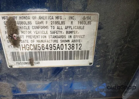 2005 Honda Accord 2.4 Lx from USA, damaged, VIN 1HGCM56495A013812